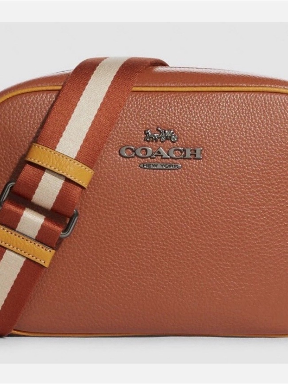 Coach Jaime Camera Bag Leather Crossbody in Saddle Brown with Striped Strap